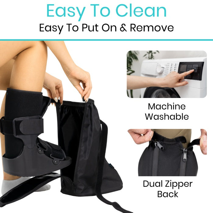 Black leg cast protector with features highlighted on a white background