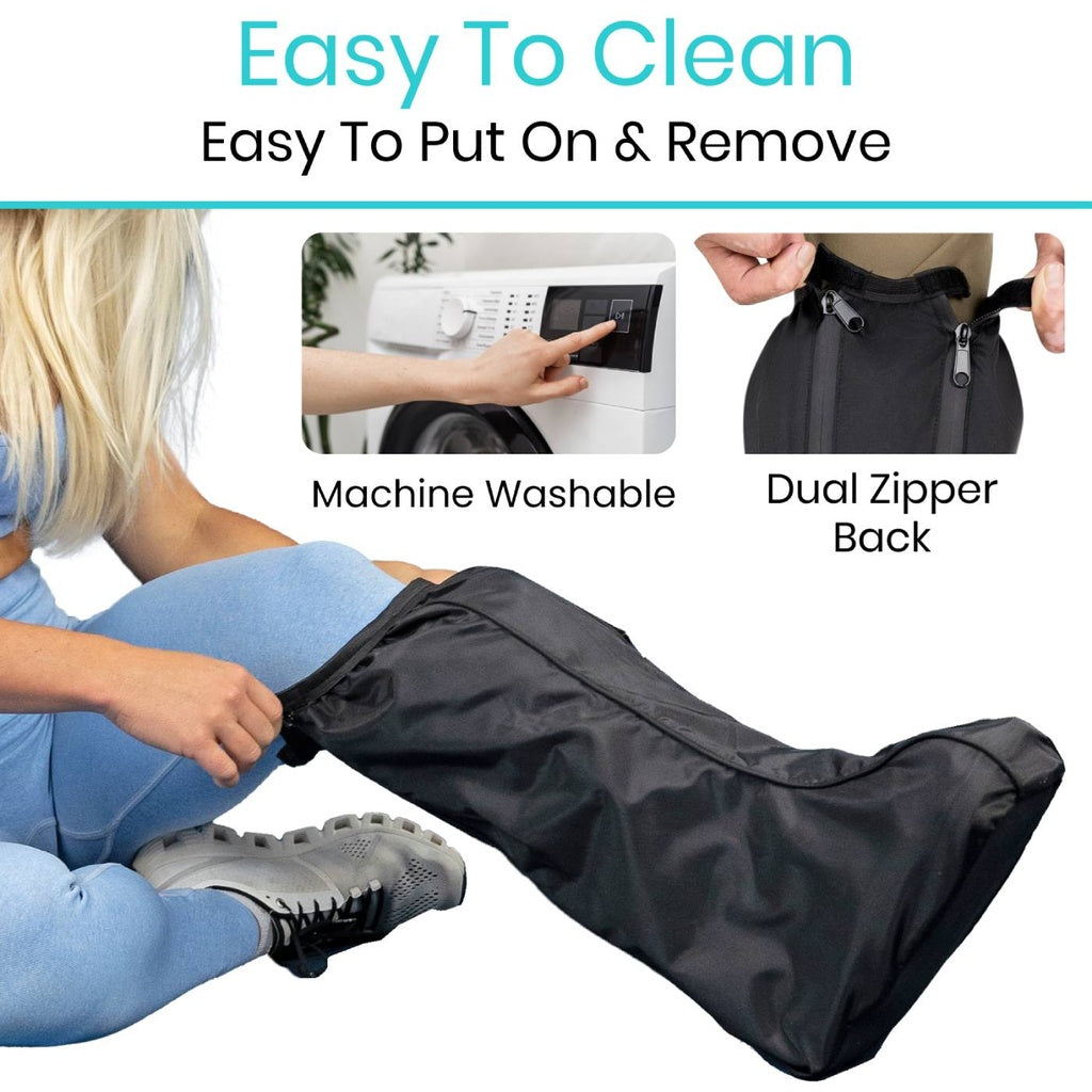 Black leg cover with text on machine washability and dual zipper back, shown being worn and removed.