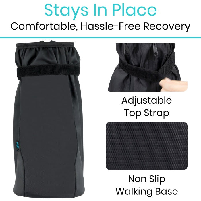 Black recovery wrap with adjustable top strap and non-slip walking base, labeled for comfort and hassle-free recovery.