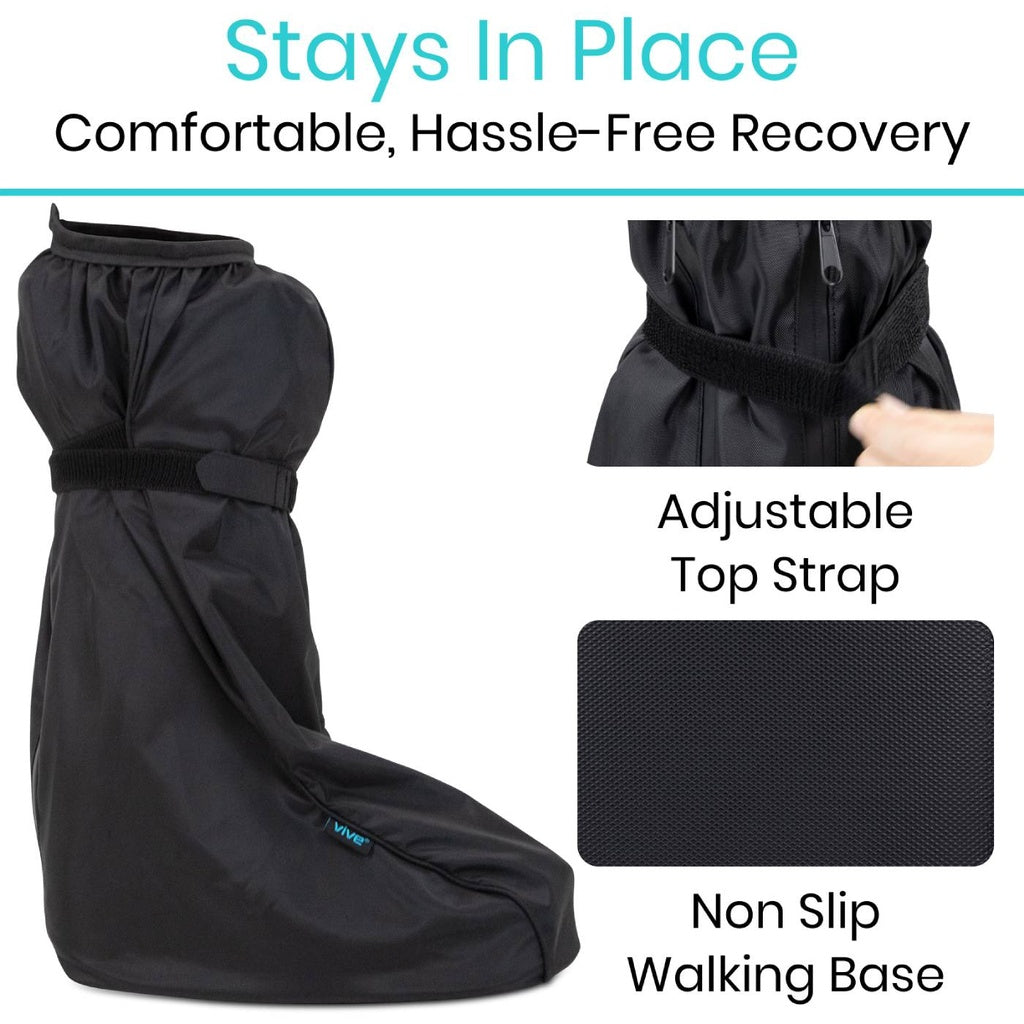 Black recovery boot with adjustable top strap and non-slip walking base, labeled 'Stays In Place' and 'Comfortable, Hassle-Free Recovery'.