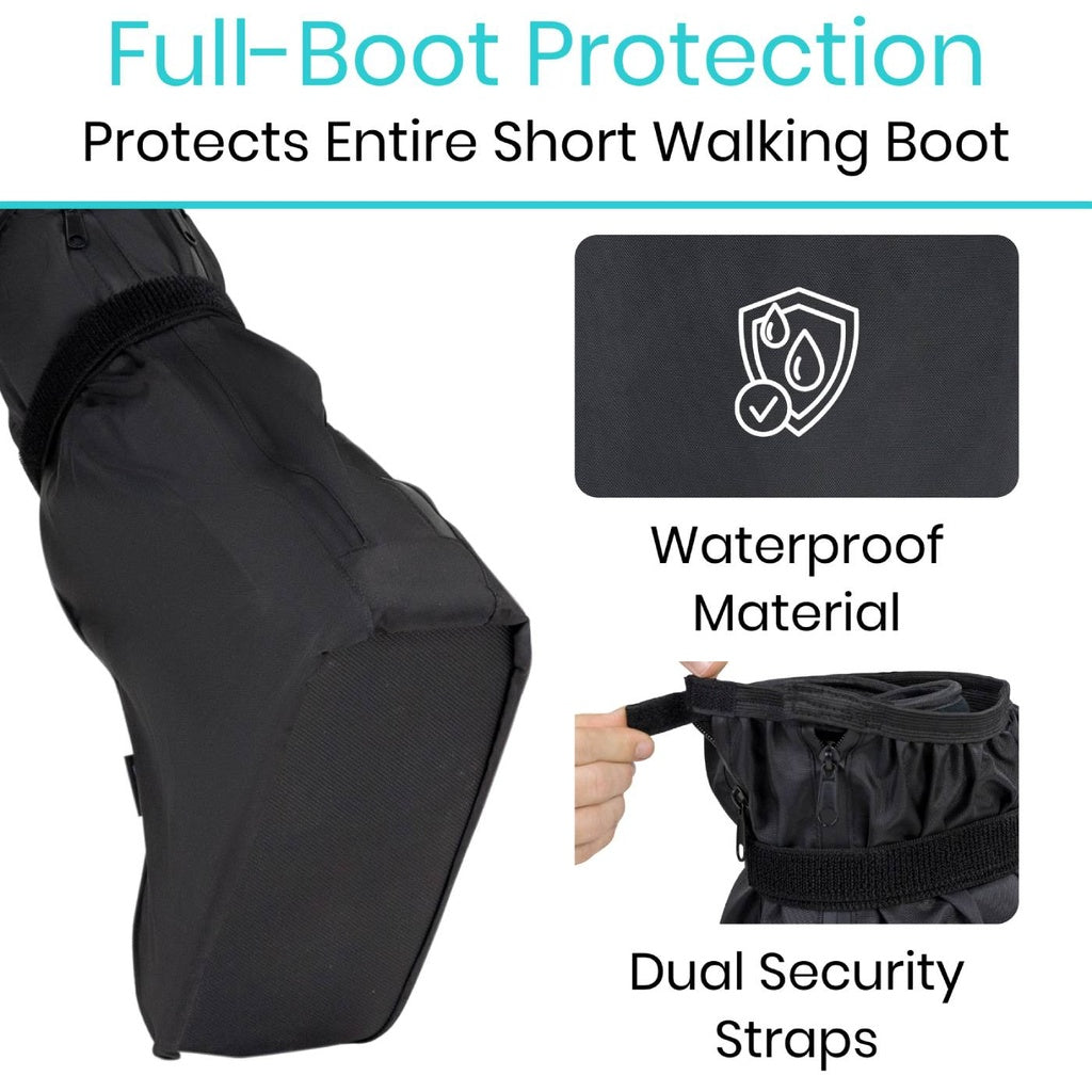 Black boot cover with text highlighting full-boot protection, waterproof material, and dual security straps.