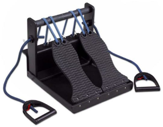 Black exercise device with foot platforms and resistance bands on a white background