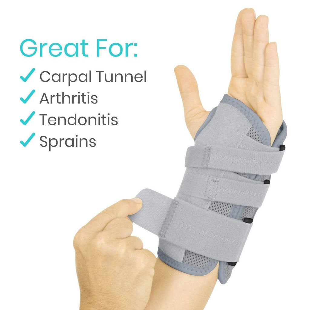 Hand with gray wrist support brace on a white background, listing conditions it's great for.