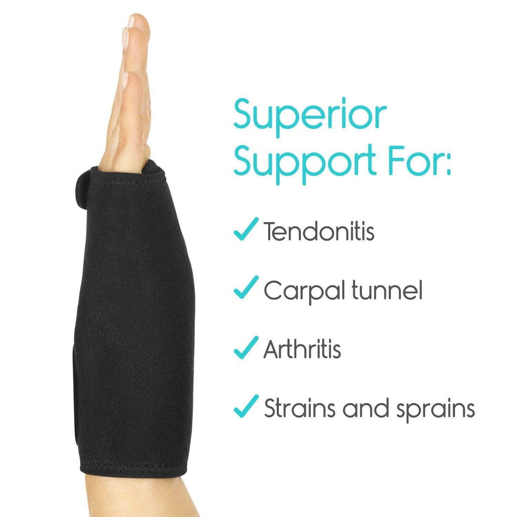 Black wrist support brace with text listing conditions it helps, on a white background