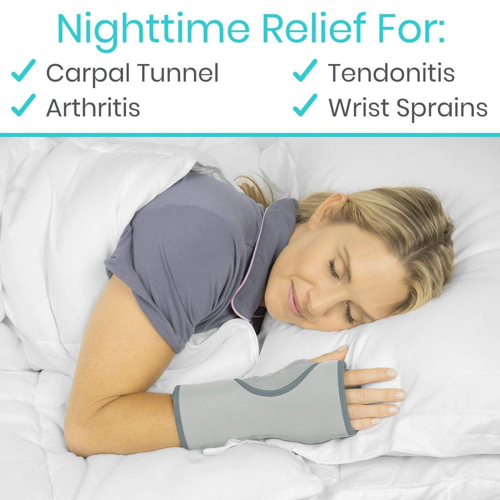 Woman sleeping with a wrist support brace on, labeled for carpal tunnel, tendonitis, and wrist sprains relief.
