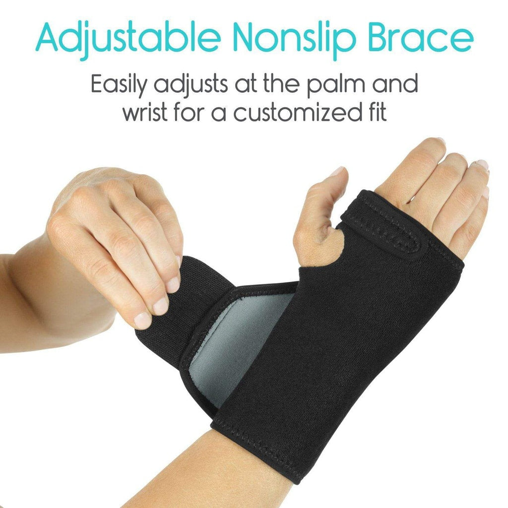 Black adjustable wrist brace on a white background with text about customization.