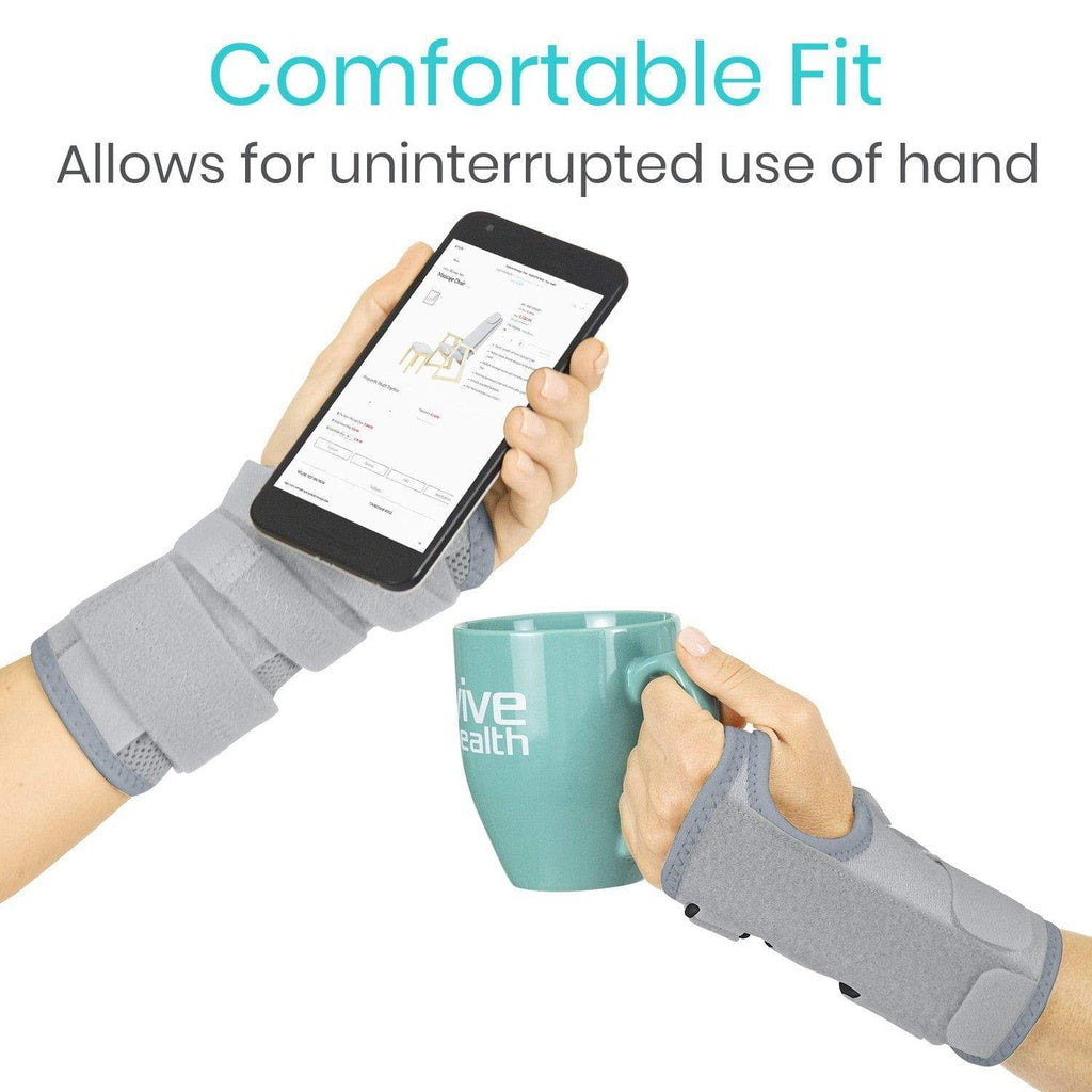 Person using a smartphone and holding a mug with text 'Comfortable Fit' and 'Allows for uninterrupted use of hand'.