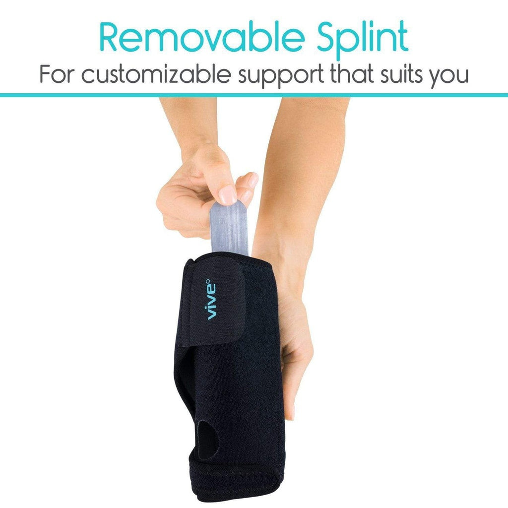 Black removable splint being applied to a foot with text about customizable support.