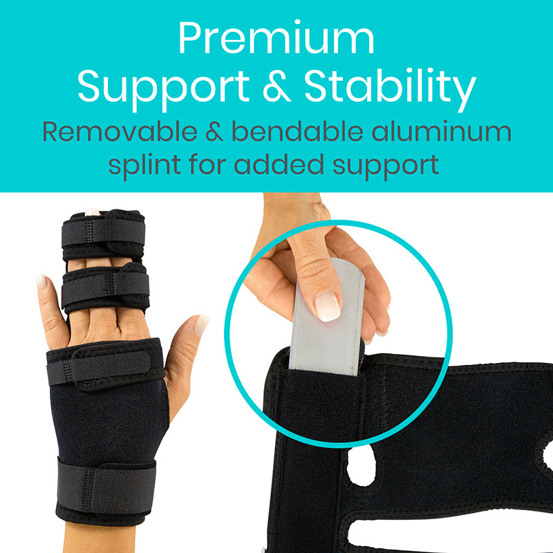 Black wrist splint with text about support and stability on a blue background