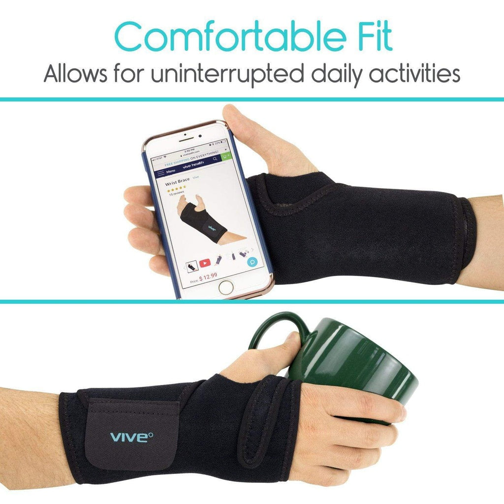 Hand wearing a black wrist support brace with a smartphone and mug, labeled 'Vive'.