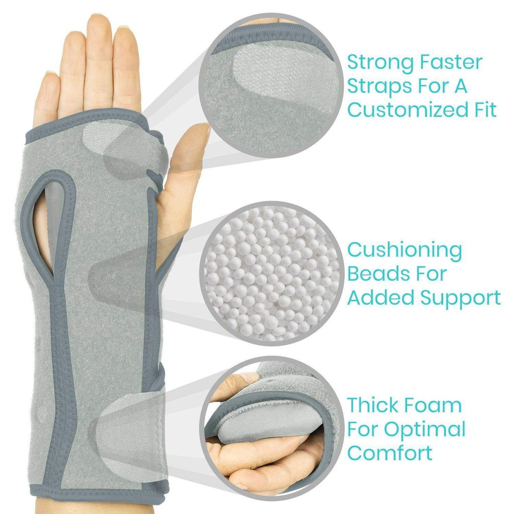 Gray wrist support brace with text highlighting features on a white background