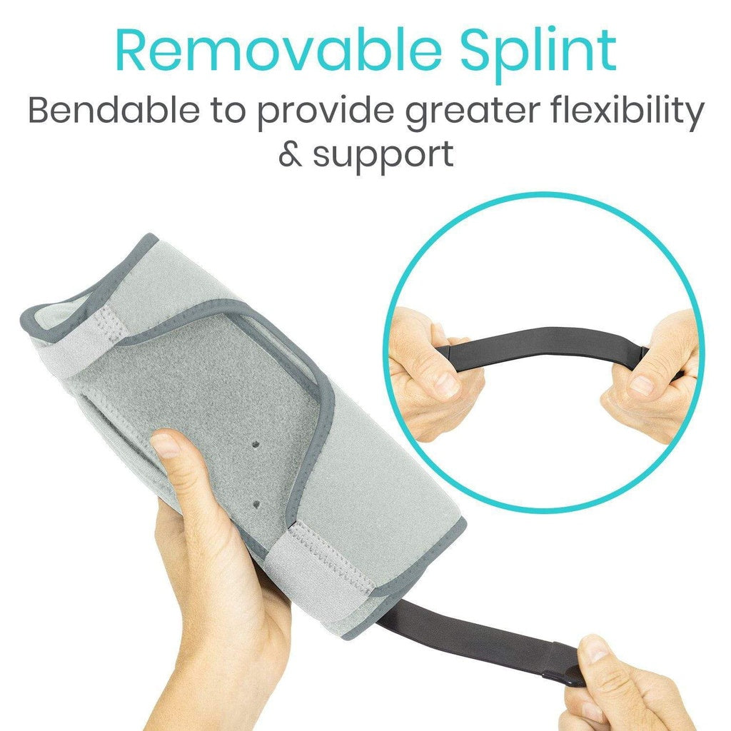 Gray splint with a bendable strap held by hands, labeled 'Removable Splint' with text about flexibility and support.