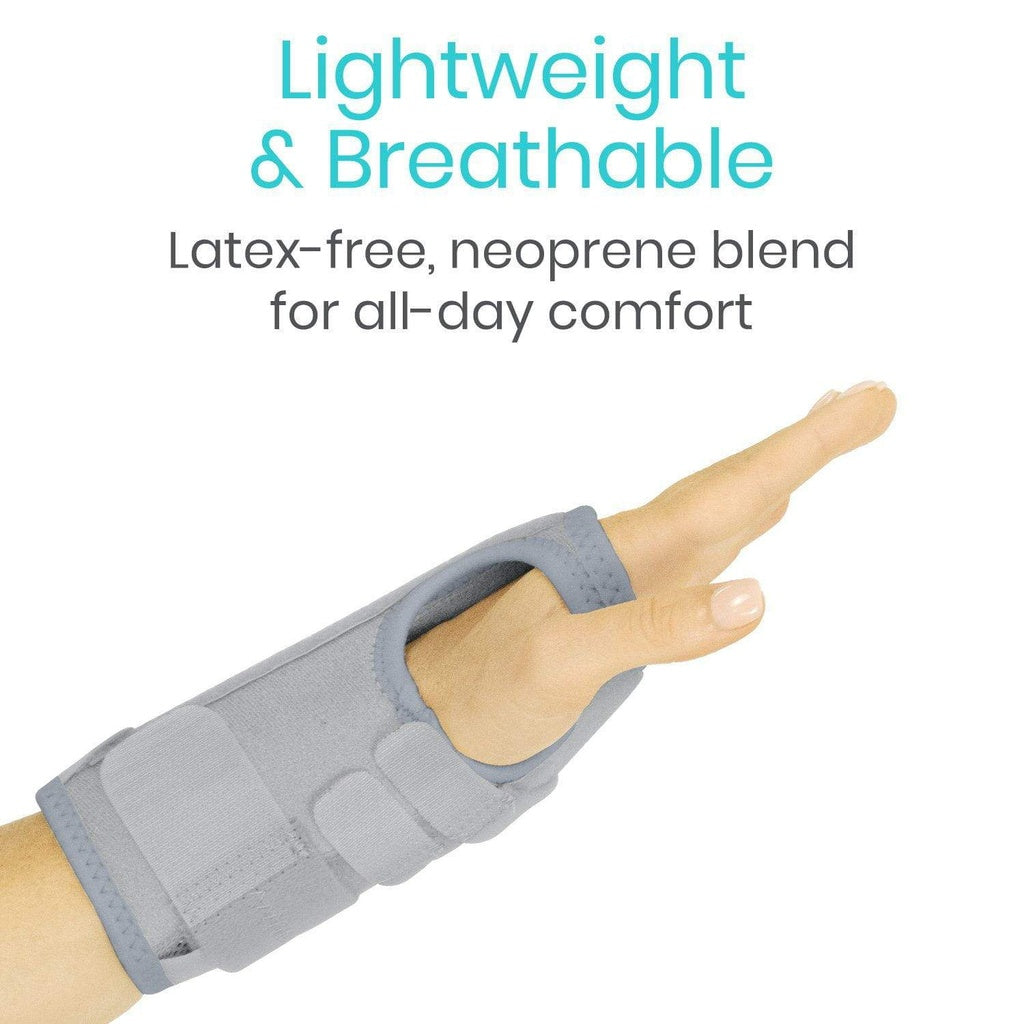 Gray wrist support brace on a white background with text about its features.