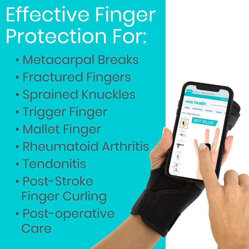Hand wearing a black finger protection device with a phone app interface, on a blue background with text about finger protection.