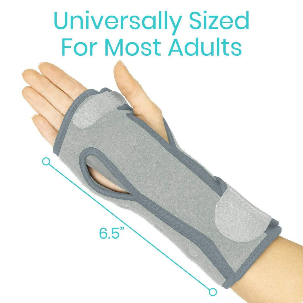 Gray wrist support glove on a hand with text indicating universality for most adults.