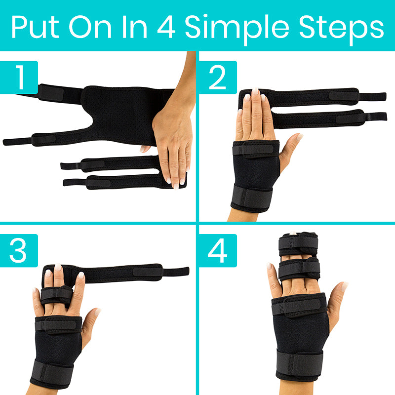 Step-by-step guide on how to put on a black wrist support brace.