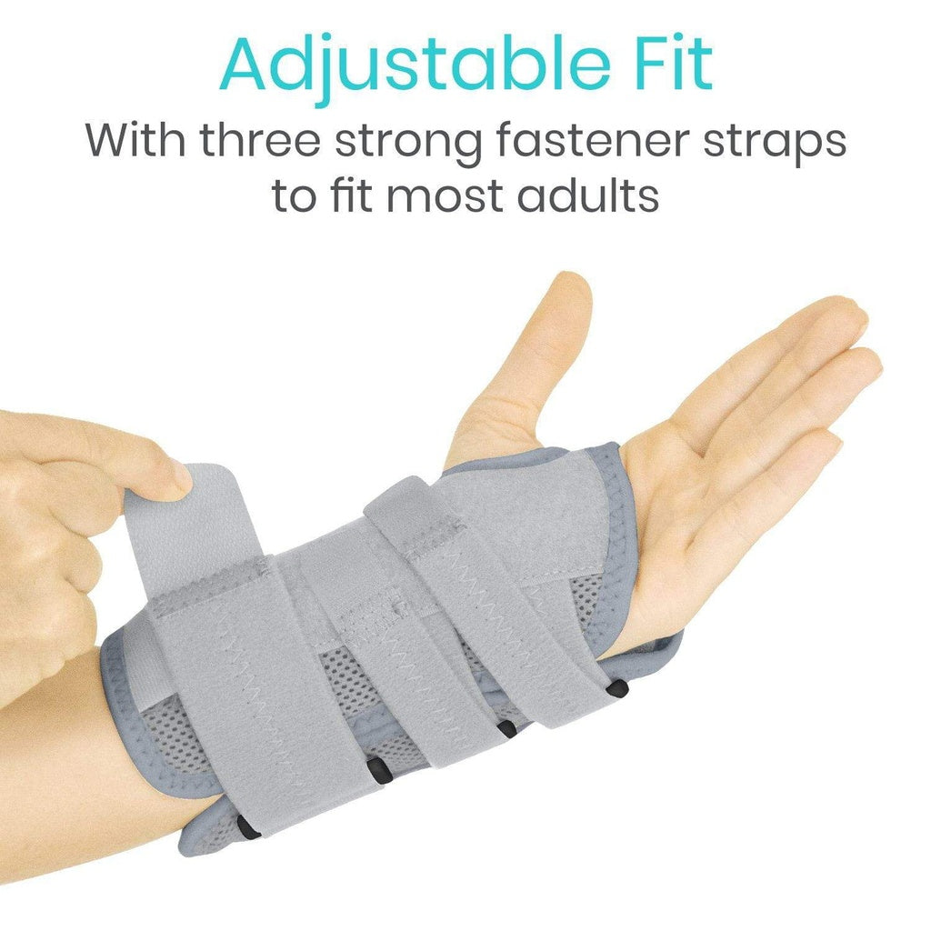 Gray wrist brace with adjustable straps on a white background