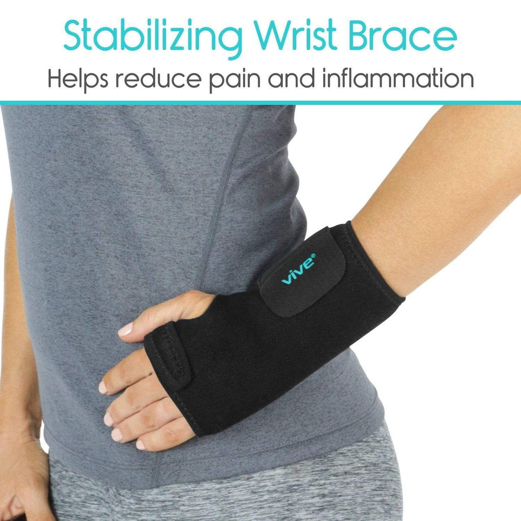 Person wearing a black wrist brace with text about pain reduction on a white background