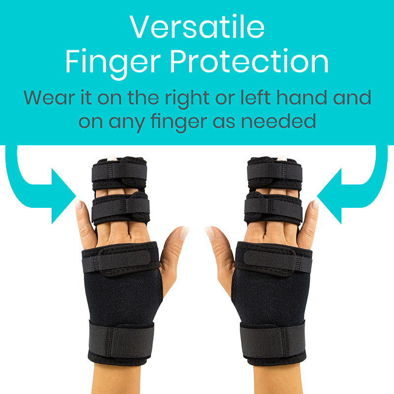 Black finger protectors on hands with text about versatility and usage.