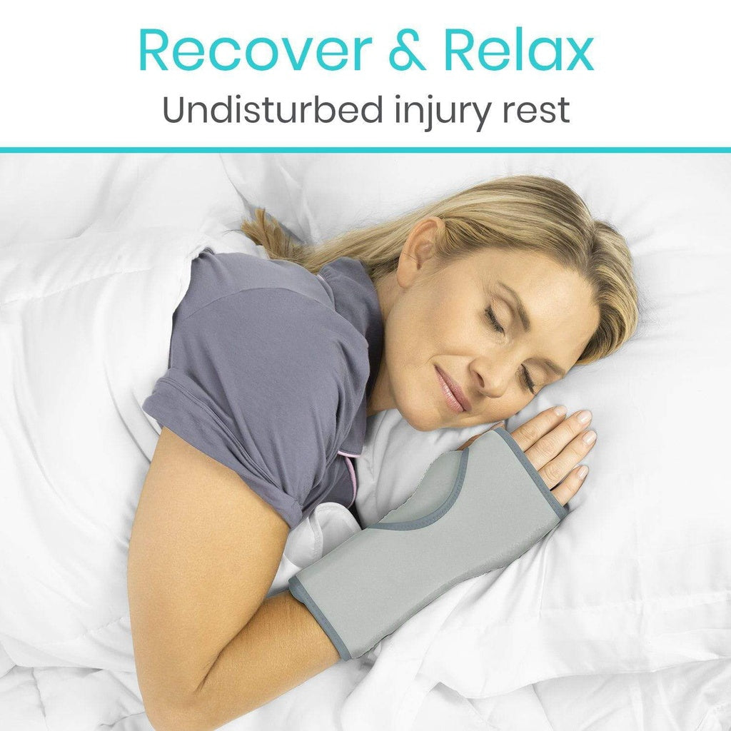 Woman lying in bed with an arm brace, text 'Recover & Relax, Undisturbed injury rest' above.