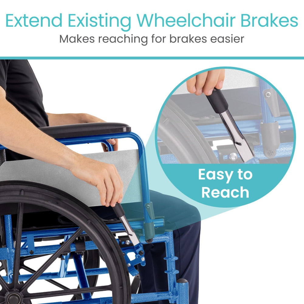Wheelchair with extended brakes for easier access, showing a close-up of the brake lever.