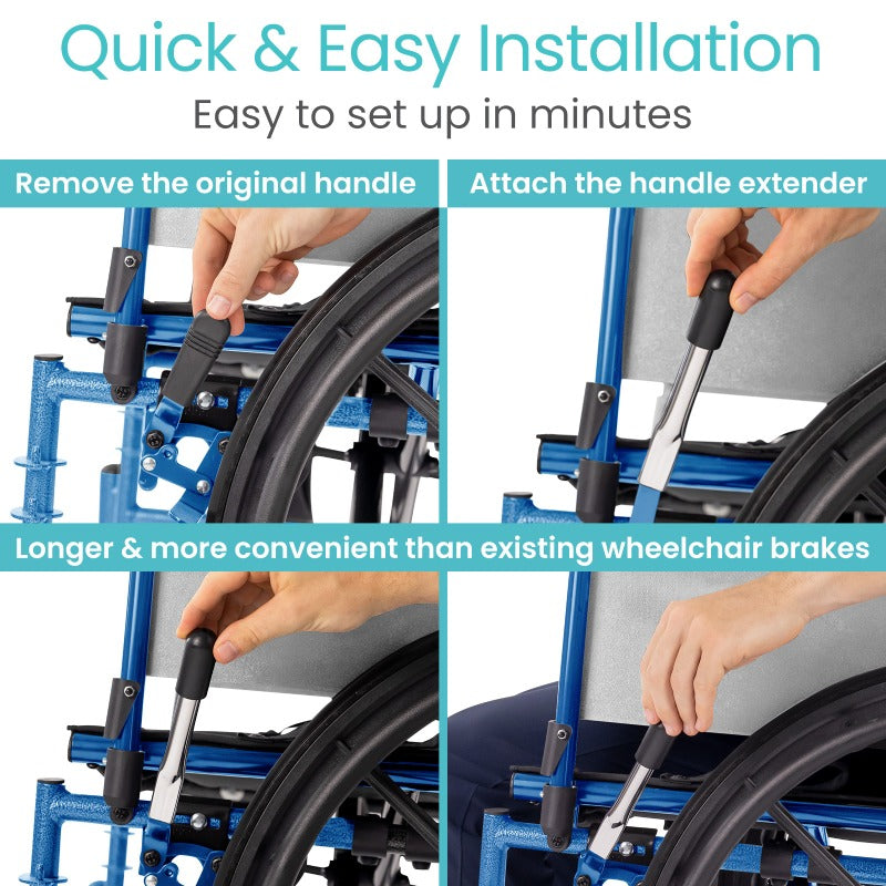 Step-by-step guide on installing a wheelchair handle extender with text indicating quick and easy installation.