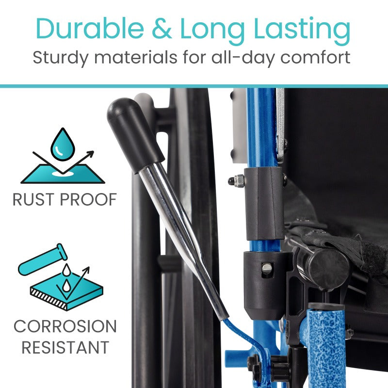 Close-up of a product with text 'Durable & Long Lasting' and icons for rust proof and corrosion resistant materials.