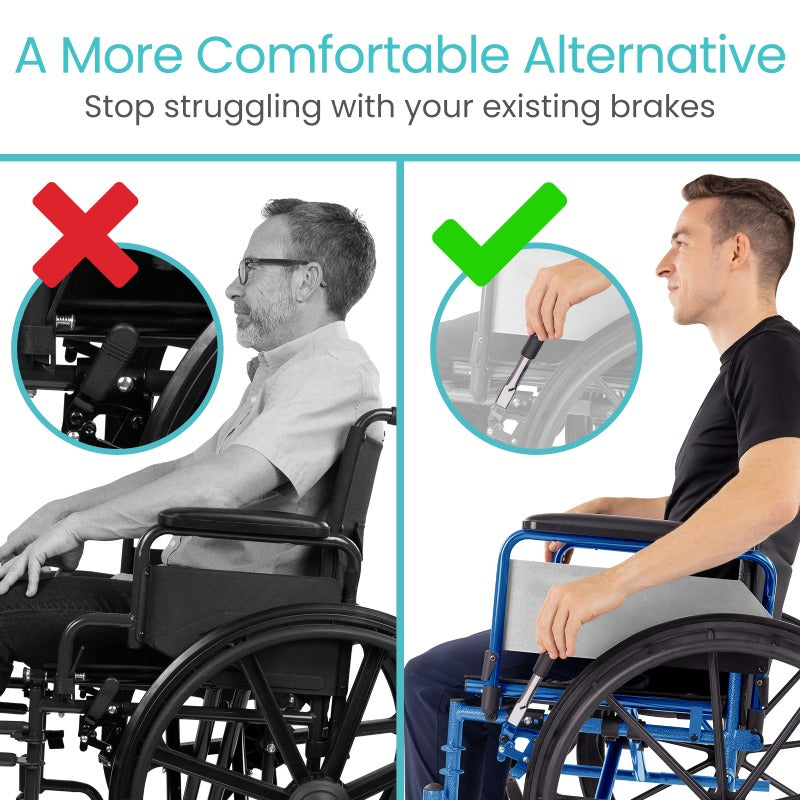 Comparison of a person using a wheelchair with and without a more comfortable alternative, showing a correct and incorrect setup.