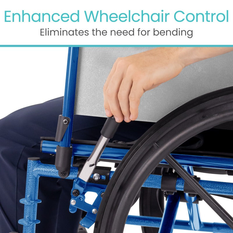 Wheelchair with enhanced control mechanism and hand interacting with it, on a white background.