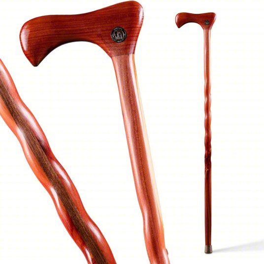 Wooden walking cane with a decorative handle on a white background