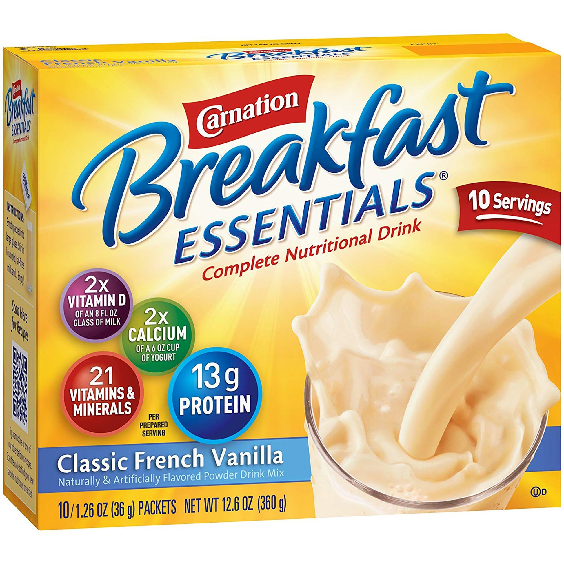Carnation Breakfast Essentials Classic French Vanilla drink mix box on a white background