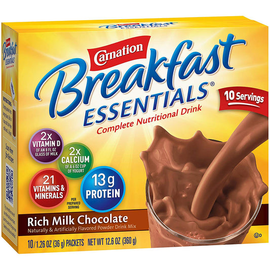 Carnation Breakfast Essentials Rich Milk Chocolate drink mix box on a white background