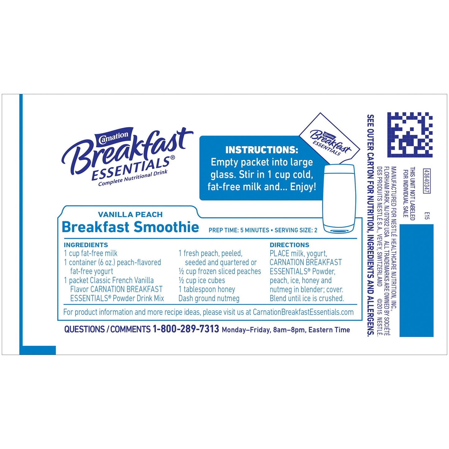 Carnation Breakfast Essentials Vanilla Peach Smoothie package with instructions and ingredients list.