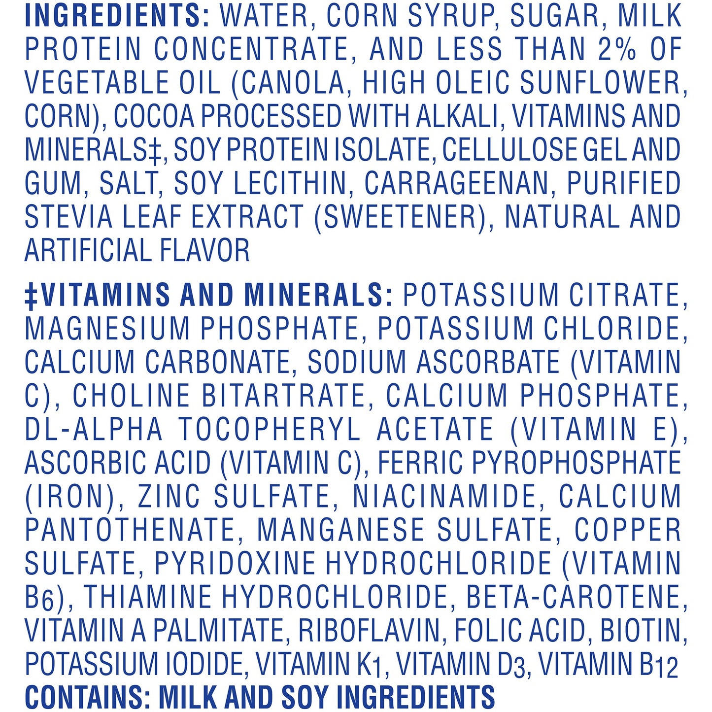 List of ingredients and vitamins/minerals on a blue background