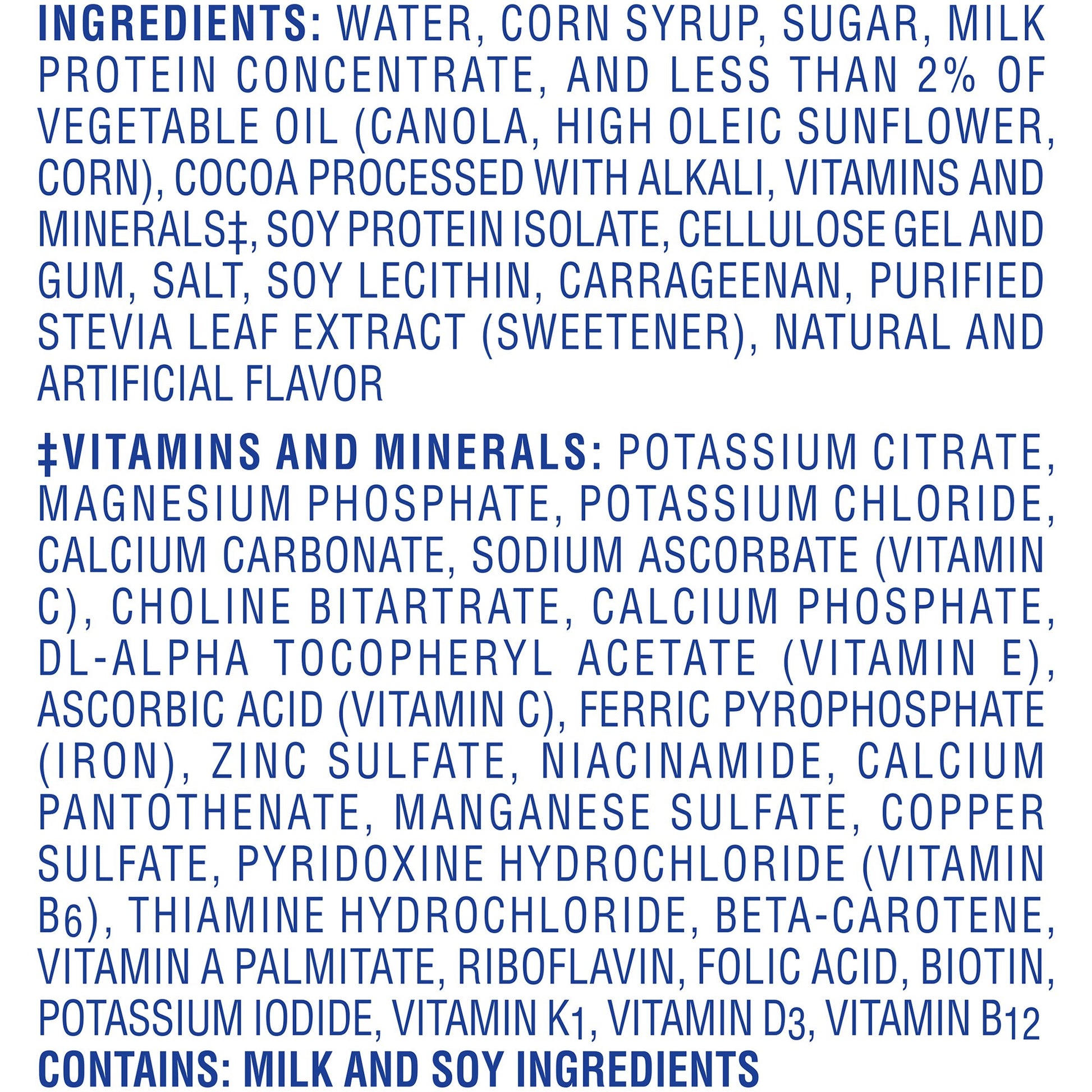 List of ingredients and vitamins/minerals on a blue background