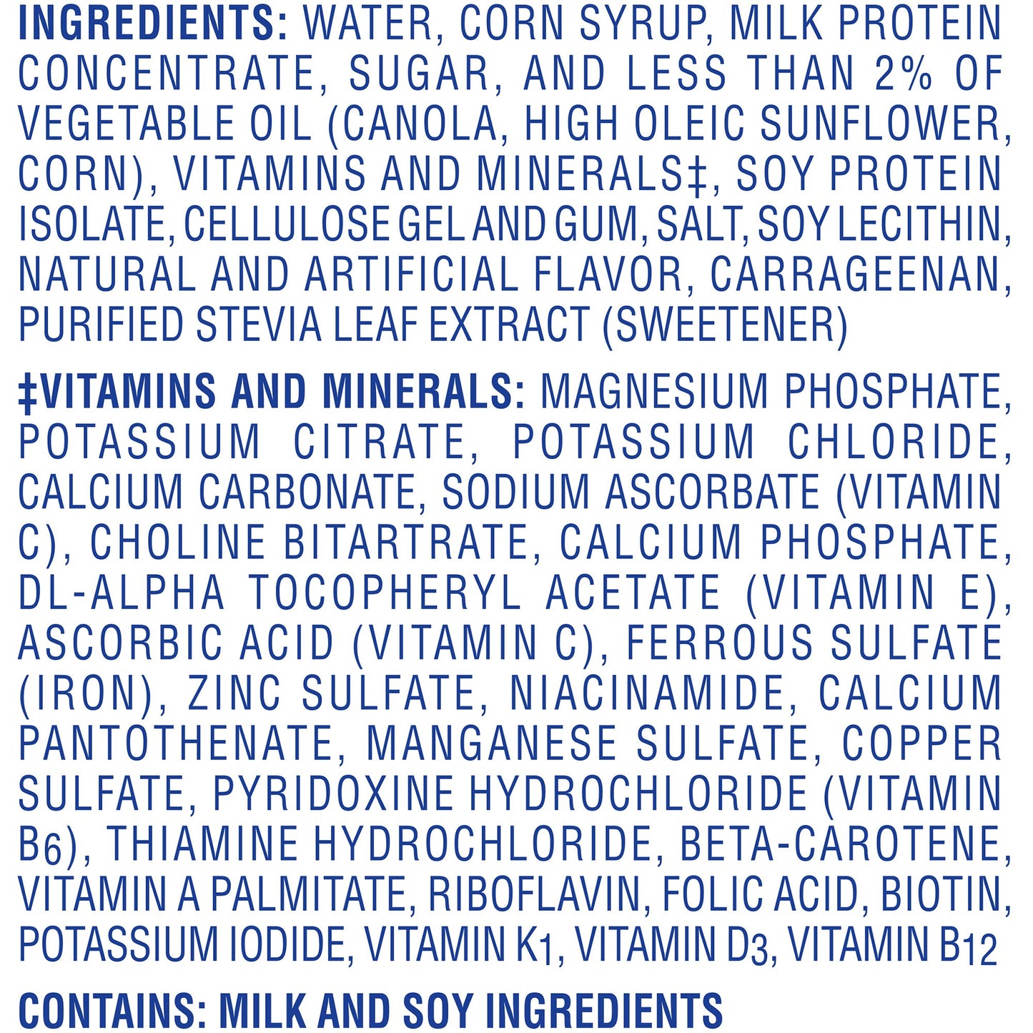 Ingredients list for a product with a blue background