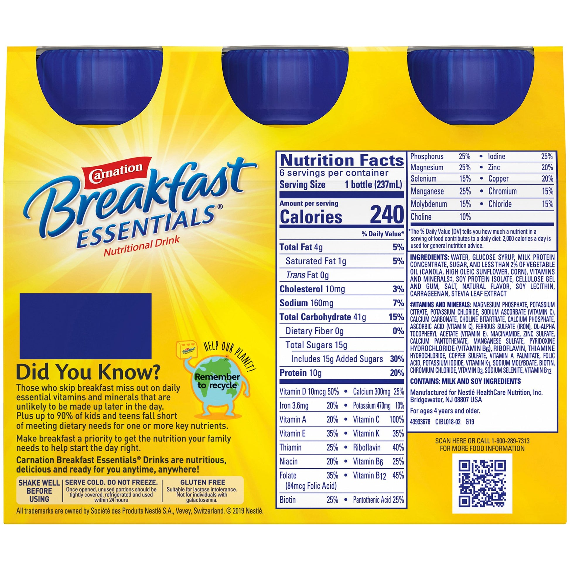 Carnation Breakfast Essentials nutritional drink package with nutrition facts label.
