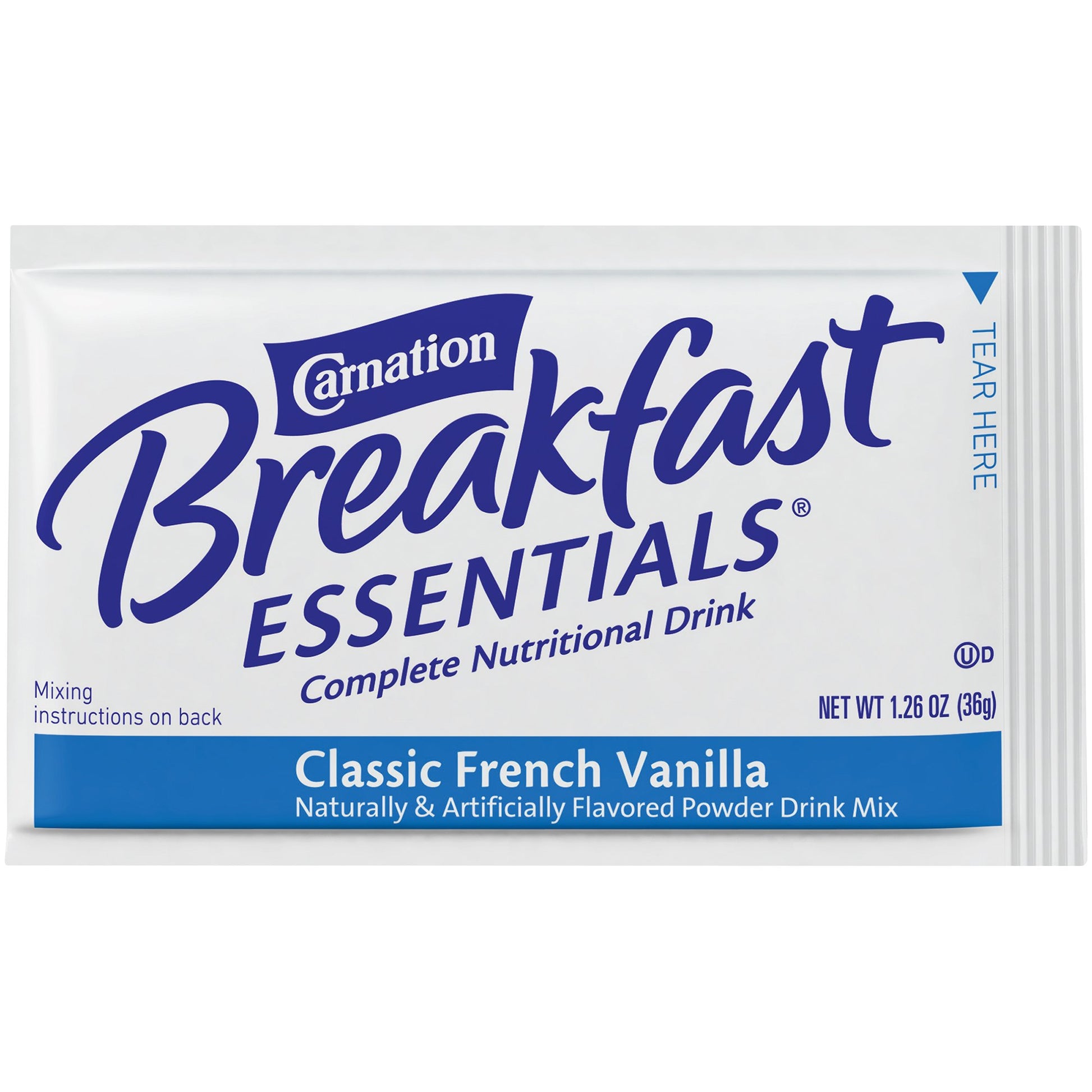 Carnation Breakfast Essentials Classic French Vanilla drink mix packet on a white background