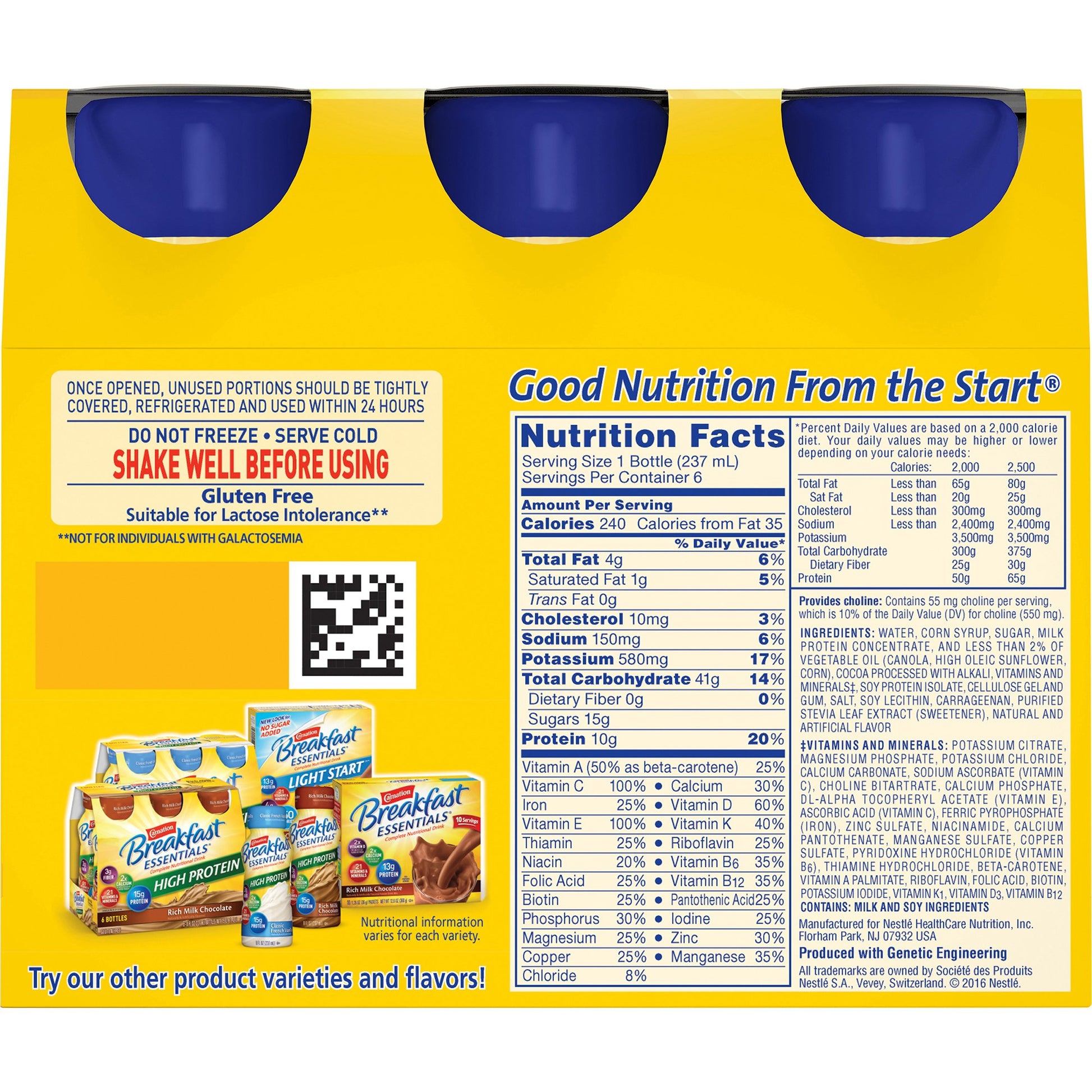 Box of breakfast essentials with nutrition facts label