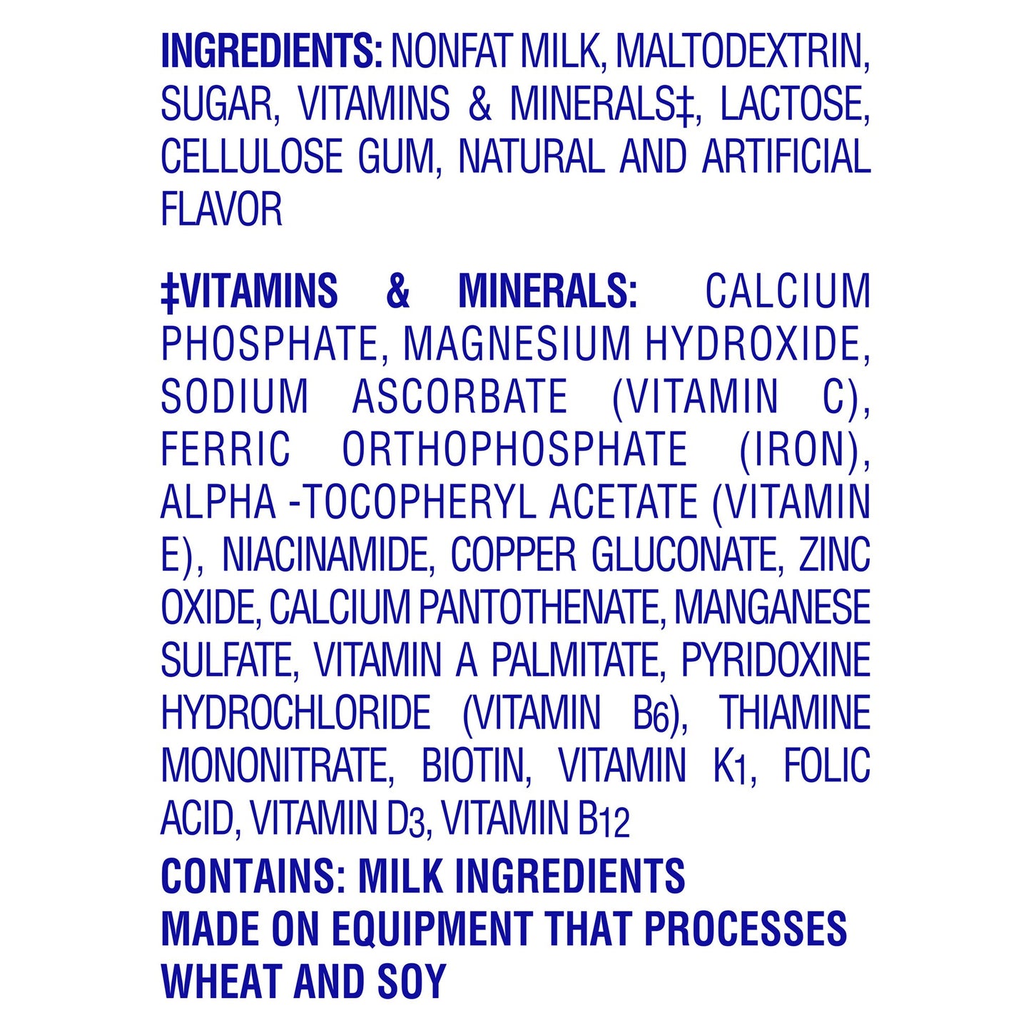 List of ingredients and vitamins/minerals on a white background with blue text