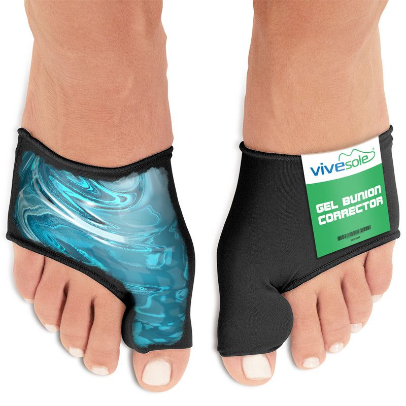 Gel bunion corrector with blue design on one foot and black design on the other, worn by a person.