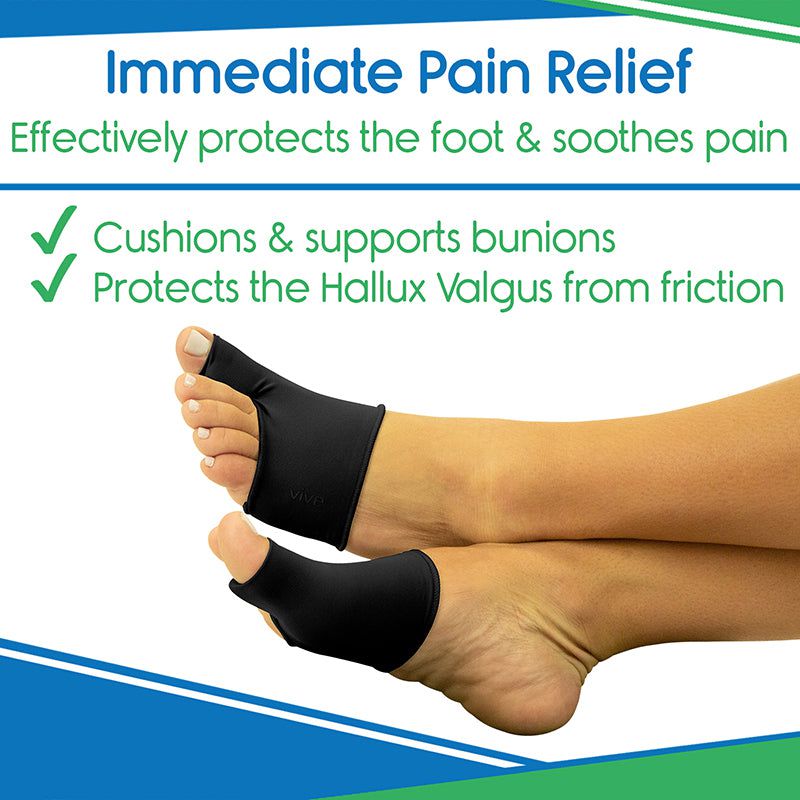 Foot with bunion correctors and text about immediate pain relief and product benefits.