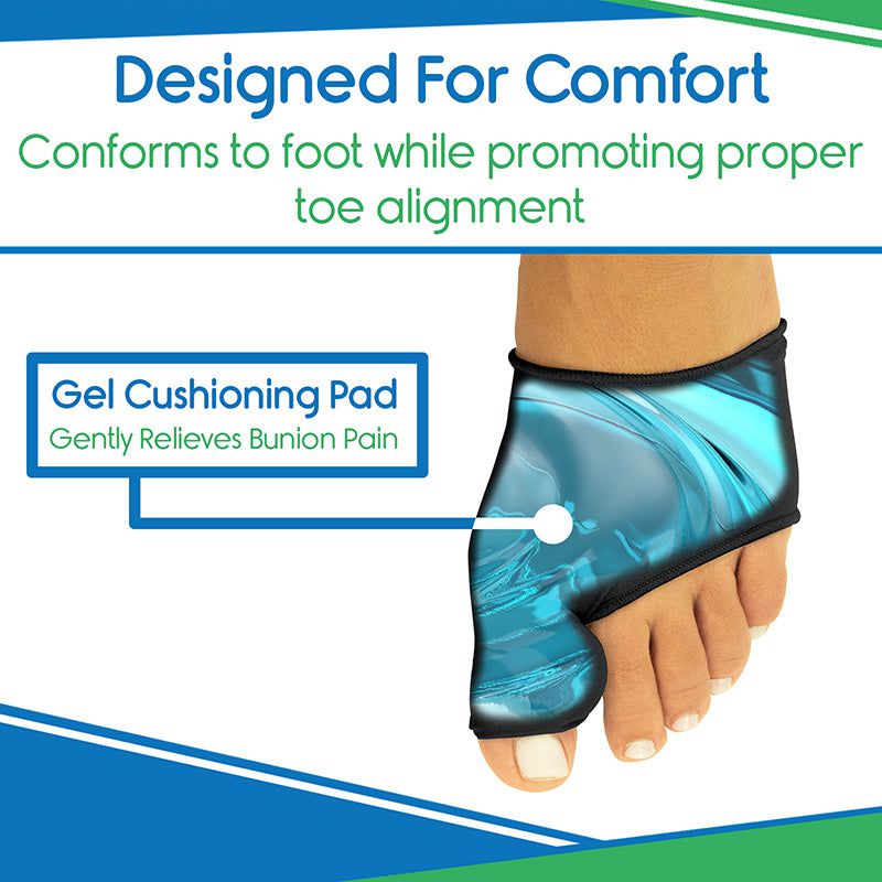 Blue bunion corrector with text highlighting comfort and toe alignment on a white background