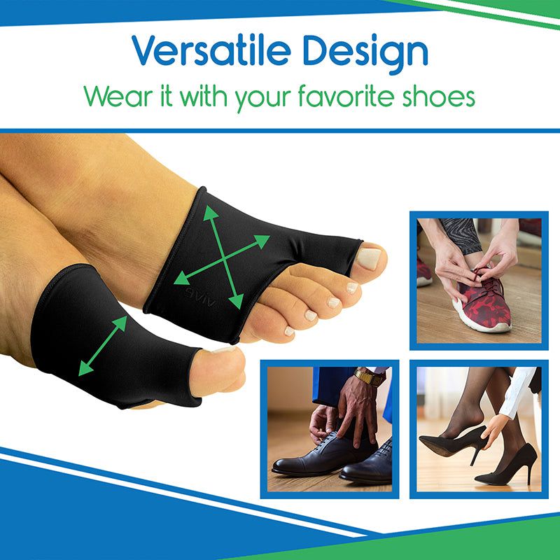 Black foot support brace with green arrows, worn by a person, on a white background with text 'Versatile Design' and 'Wear it with your favorite shoes'.