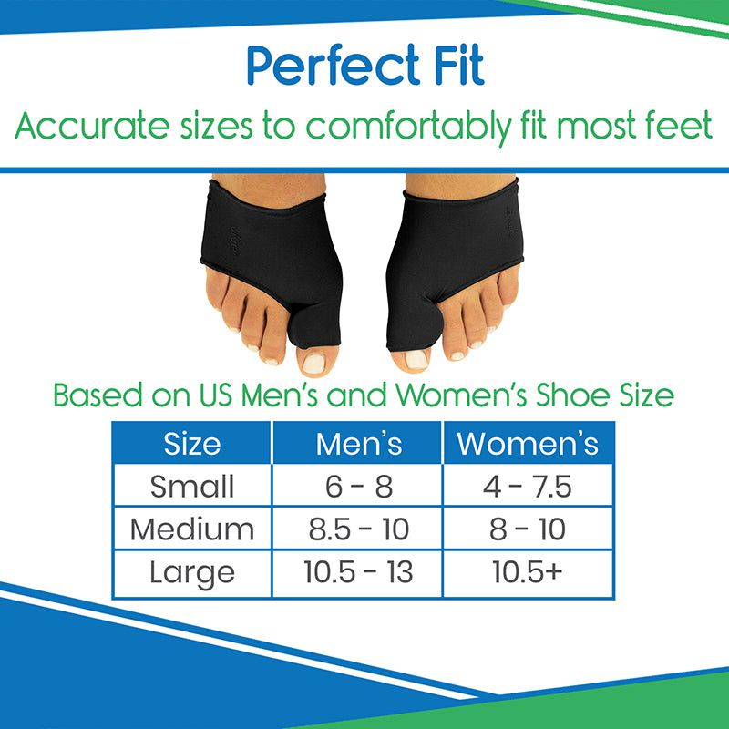 Black foot sleeve with size chart for men's and women's feet on a white background