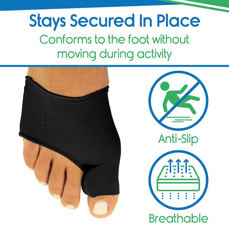 Black foot sleeve on a foot with text and icons indicating 'Stays Secured In Place', 'Anti-Slip', and 'Breathable'.