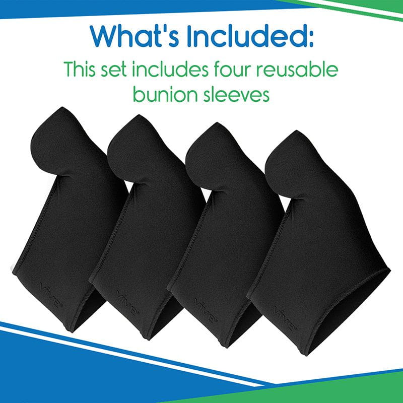 Four black reusable bunion sleeves on a white background with text indicating what's included.