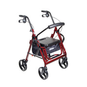 Red and black walker with a seat on a white background
