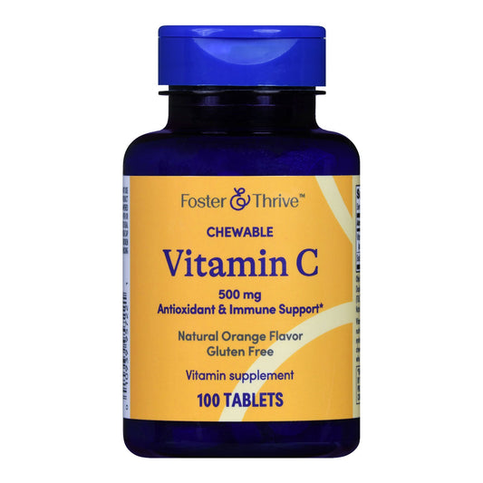 Bottle of Foster & Thrive Vitamin C chewable supplement on a white background