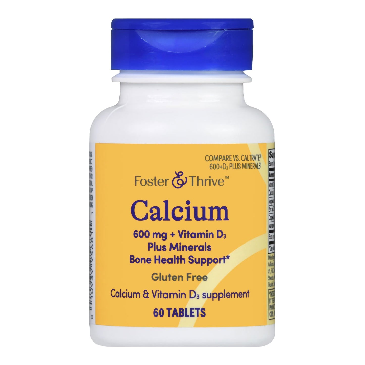 Foster & Thrive Calcium supplement bottle with blue cap on a white background